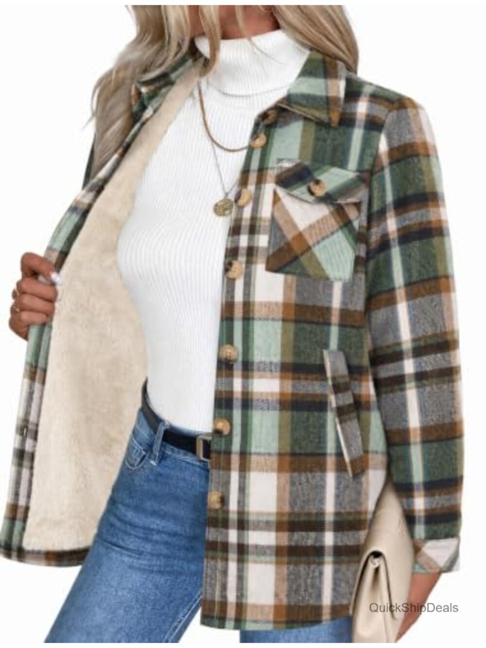 Sherpa Lined Flannel Jacket Fleece Plaid Coat Casual Winter Women's